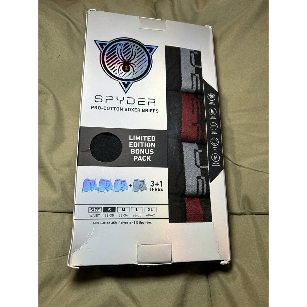 NIB Spyder Pro Cotton Boxer Brief 4 Pk Size Small Black W/ Color Bands